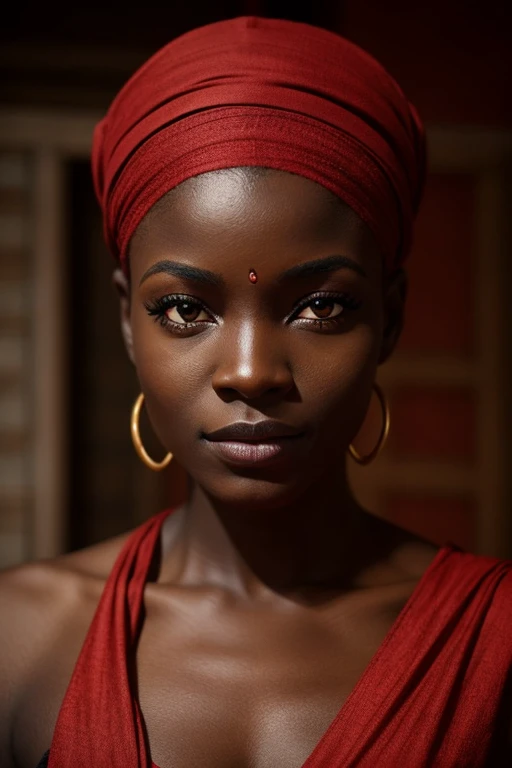 UNE HEROINE PEAU NOIRE AFRICAINE PORTANT UN COSTUME SLIM SANS CAP NOIRE, TACHETE ROUGE ,PORTANT UN MASQUE, DES YEUX ROUGES, EN COLERE, FAISANT SORTIR DU FEU DE SES MAINS DANS UNE MAISON INACHEVEE