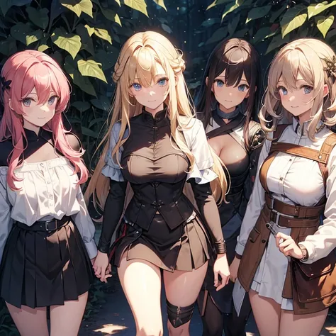 A group of  female knights, (in forest), various hair styles, metal armor, harem, short skirt 