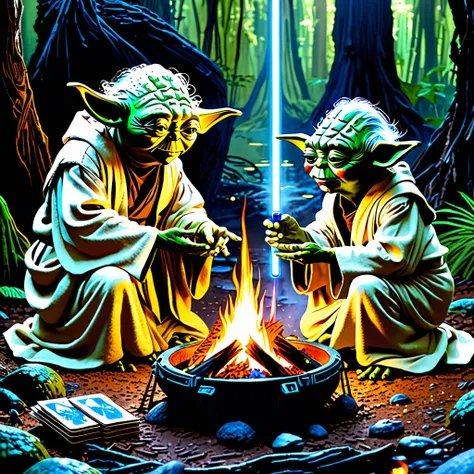 Star Wars, Yoda is telling Luke his future using (sci fi, star wars themed) Tarot Cards, setting campfire on swampy Dagobah