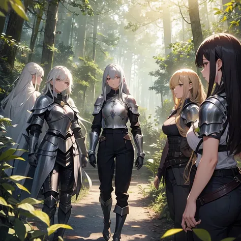 A group of  female knights, (in forest), various hair styles, metal armor, harem, trousers 