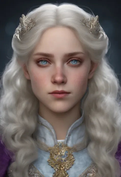 Una mujer joven linda Targaryen, con el cabello largo albino, with heterochromia, un ojo de distinto color, el ojo derecho de color celeste claro y el izquierdo de color violeta claro, vistiendo un vestido de color morado estilo medieval