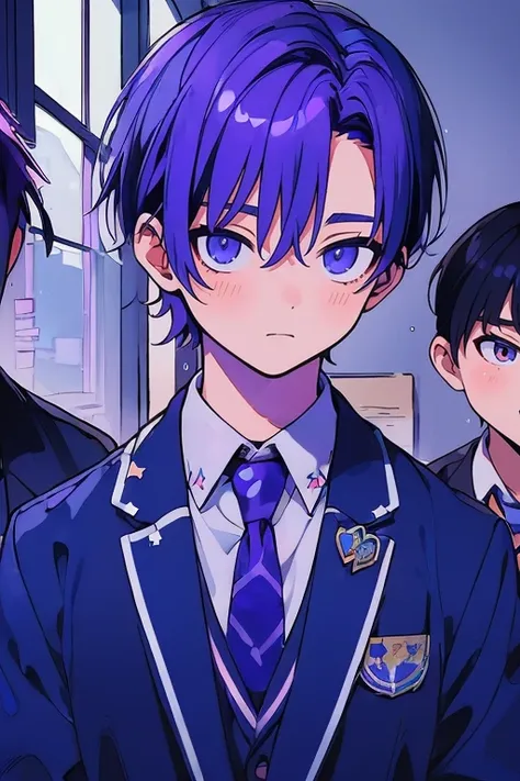 (muste piece), (best quality), very detailed, (((Two friendly high school boys:1.5))), perfect face, beautiful face, very detailed face，(purple haired man:1.3)，(blue haired man:1.3)，School，classroom，student uniform，white uniform, tie，shirt