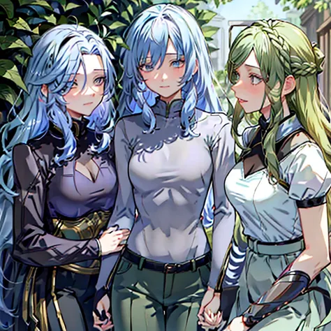 A group of  female knights, (in forest), various hair styles, metal armor, harem, trousers, armpits licking 