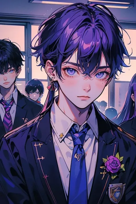 (muste piece), (best quality), very detailed, (((Two friendly high school boys:1.5))), perfect face, beautiful face, very detailed face，(purple haired man:1.3)，(blue haired man:1.3)，School，classroom，student uniform，white uniform, tie，shirt