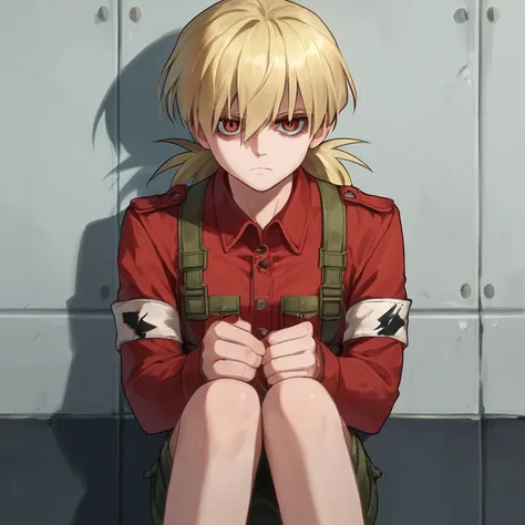 score_9, score_8_up, score_7_up, fumo (doll), chibi, solo, 1girl, hellsing seras, expressionless, sitting, blonde hair 