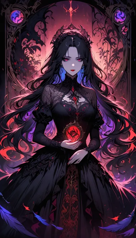 tarot card: mad queen,dark fantasy,hauntingly beautiful,vivid colors,gothic horror,macabre atmosphere,fluid strokes,great attent...