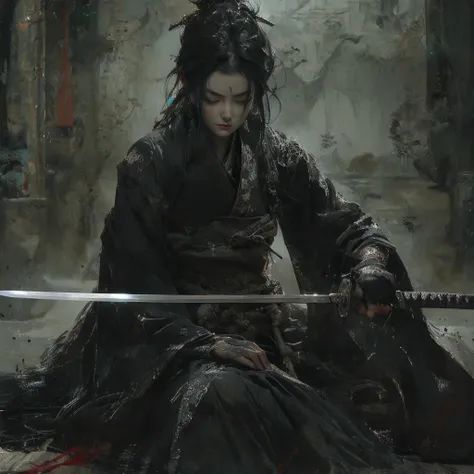 arafed woman in a black dress holding a sword in a dark room, very beautiful cyberpunk samurai, artwork in the style of guweiz, she is holding a katana sword, guweiz on artstation pixiv, chengwei pan on artstation, guweiz on pixiv artstation, female samura...