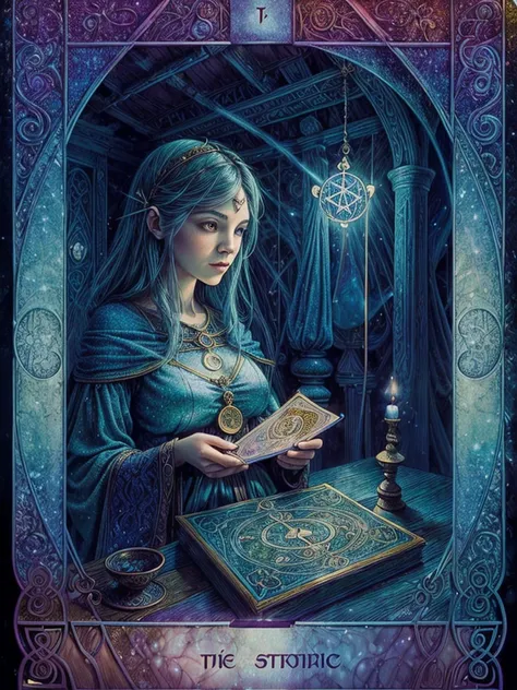 a girl holding tarot cards, mystical atmosphere, vibrant colors, intricate illustrations, detailed card symbols, ethereal lighting, mystical art style, fortune-telling, supernatural elements, whimsical backdrop, magical aura, surreal composition, antique c...