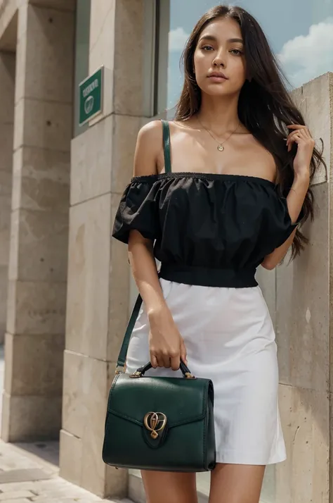 Crie uma  morena com um vestido preto usando uma bolsa da Gucci enquanto Olha pra cidade 