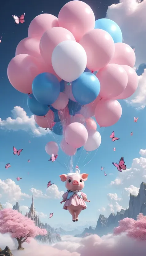 rococo pink, light silver and brown, (very unified cg scene design）, (role conception）， (glossy pink and blue mcdoll pig balloon...