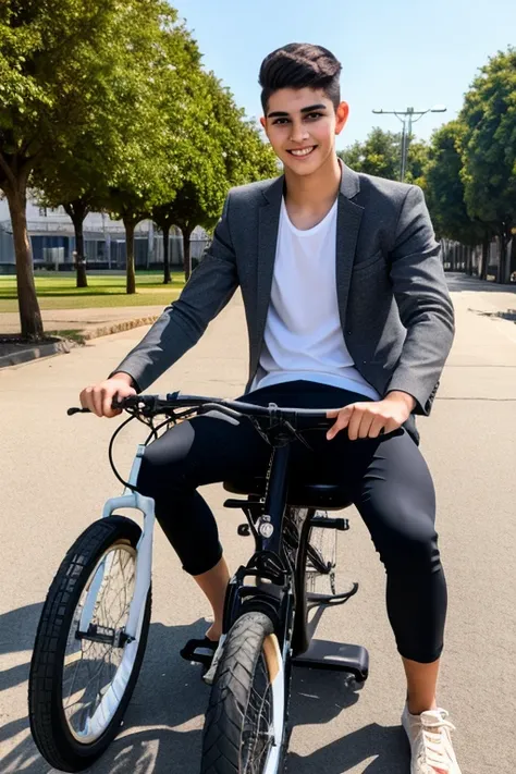 create realistic image a 23 year old boy is sitting on a bike "halimul islam"