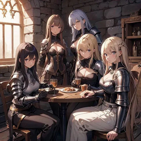 A group of  female knights, (in dungeon), various hair styles, metal armor, harem, trousers, seducing