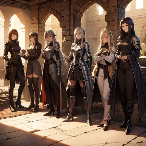 A group of  female knights, (in dungeon), various hair styles, metal armor, harem, trousers, seducing