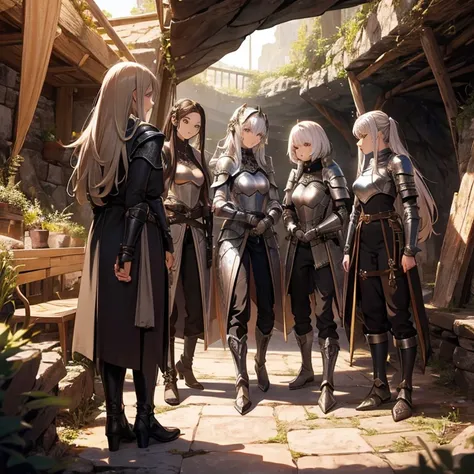 A group of  female knights, (in cave), various hair styles, metal armor, harem, trousers, seducing