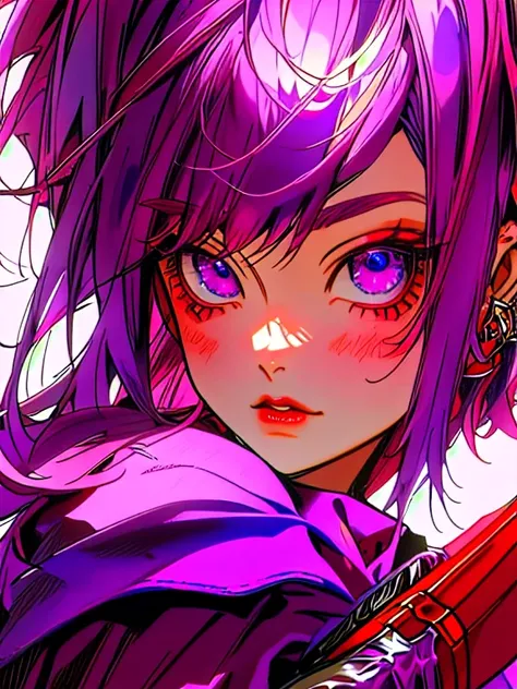 purple haired girl with purple hair and red eyes holding a purple brush, red and purple coloring, some red and purple, realistic anime artstyle, red mage cape and purple hair,  vivid purple eyes, 