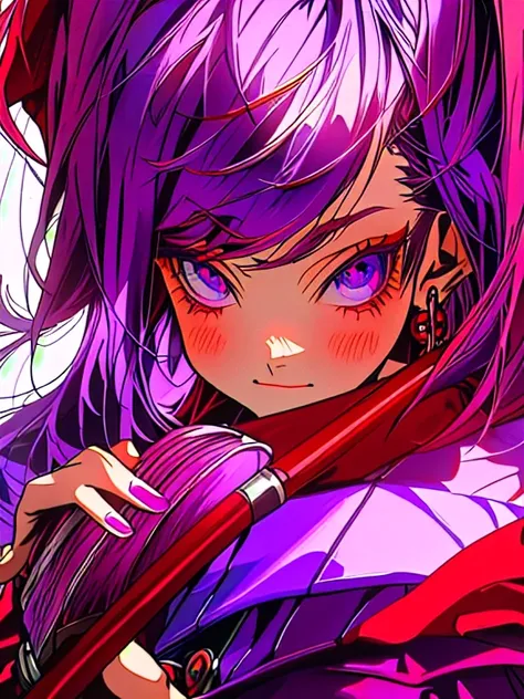 purple haired girl with purple hair and red eyes holding a purple brush, red and purple coloring, some red and purple, realistic anime artstyle, red mage cape and purple hair,  vivid purple eyes, 