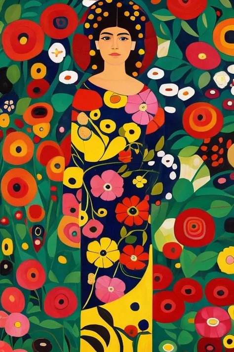 Paraguayan woman in ñanduti, canvas colorful cheerful details flowers geometric shapes, red, obra maestra estilo Gustav klimt
