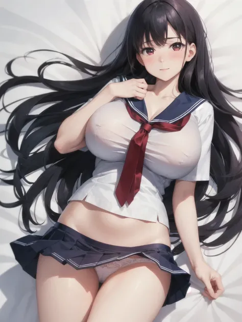 realistic 8k, top-quality, nsfw, 1woman, solo, black hair, (sailor uniform), red tie, (navy blue pleated Skirt), ((white pantie)), ((huge breasts)), (cleavage), lift skirt, pantie shot, blush, from below,