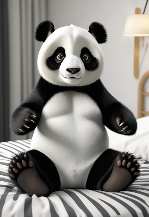 araffe panda bear in a black and white lingersuit sitting on a bed, Render with SFM, panda panda panda, panda, cute panda, POV Furry Art, very detailed柔らかな照明, software version, Super detailed rendering, SFM Rendering, very detailed, thick, highly rendered!...