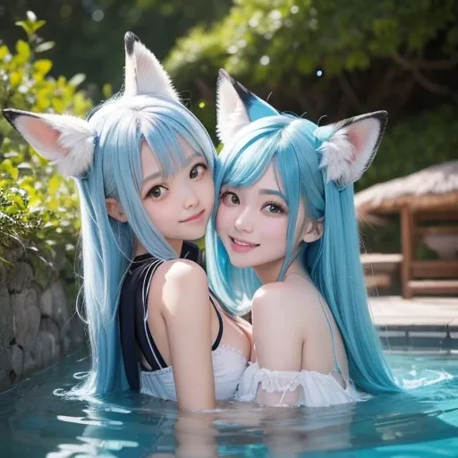 two pregnant elementary scholar nine tail fox childgirls swimming. their face is facing towards the camera. they show smiles a huge smile with teeth. they has light blue hair. they wears a small blue coloured camisole. they has a sparkling blue eyes. they ...