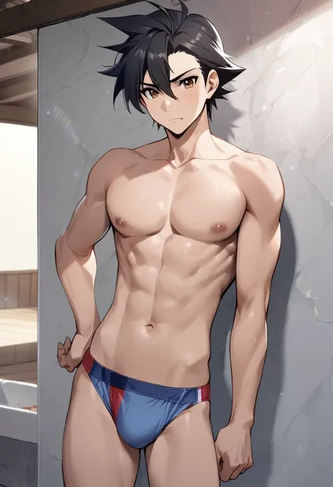 1boy, solo, black hair, short hair, brown eyes, hair between eyes, ash ketchum, in underwear, shirtless, mens speedo 