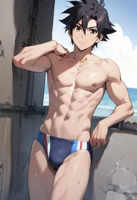 1boy, solo, black hair, short hair, brown eyes, hair between eyes, ash ketchum, in underwear, shirtless, mens speedo 