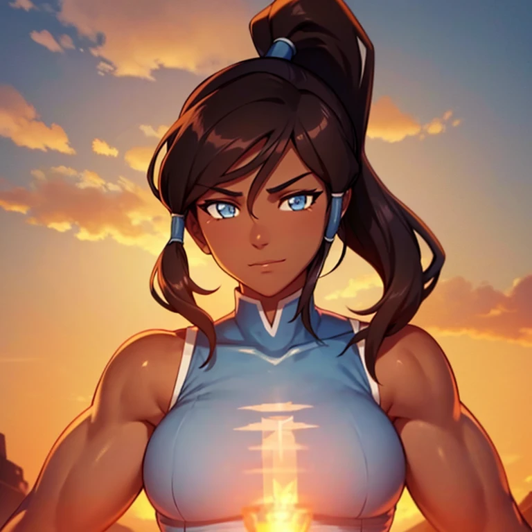 korra, dark skin, dark-skinned female, ponytail, muscular female, high quality, detailed, high resolution, sun set background.