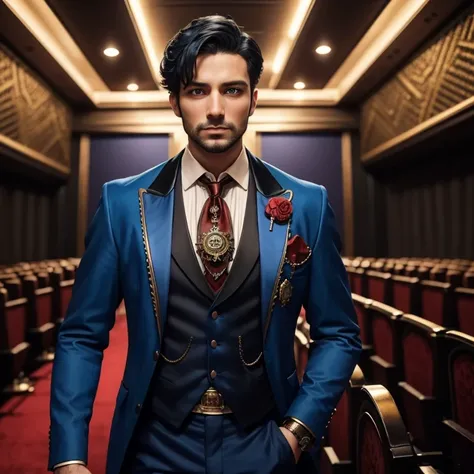 30-year-old man in a blue and red Steampunk formal suit with a blue tie and black pants, short black hair, Latin skin, blue eyes, gold necklace, looking straight at the viewer in a cinema background 