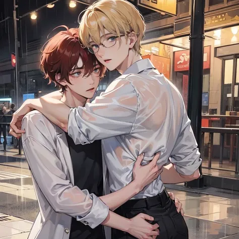 Dominant Handsome young man in blonde hair, big blue eye, tall and thin, deep gaze upon the love, hugging the Handsome young man, white skin, reddish curly hair to the shoulder, big deep jaded eyes, wearing big black rim eyeglasses, wearing oversize white ...