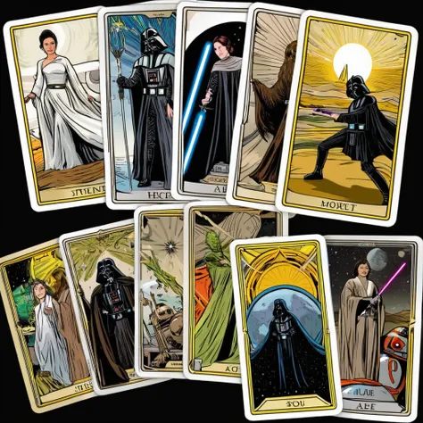 A deck of Star Wars themed Tarot cards have been dealt out for a 5 card fortune