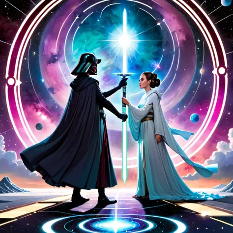 (best quality,4k,highres,masterpiece:1.2),ultra-detailed,realistic:1.37,Star Wars themed Tarot cards,deck,fortune telling,vivid colors,galactic atmosphere,ethereal glow,ancient mysticism,card spreads,astrological symbols,detailed illustrations,twinkling st...