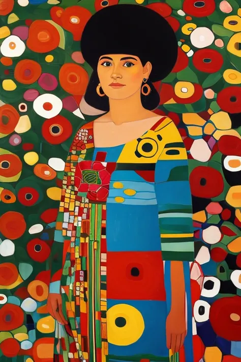 Paraguayan woman in ñanduti, canvas colorful cheerful details flowers geometric shapes, red, obra maestra estilo Gustav klimt