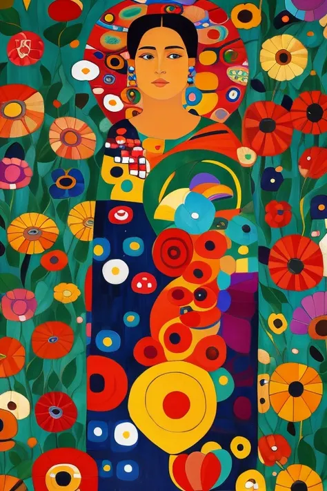 Paraguayan woman in ñanduti, canvas colorful cheerful details flowers geometric shapes, red, obra maestra estilo Gustav klimt