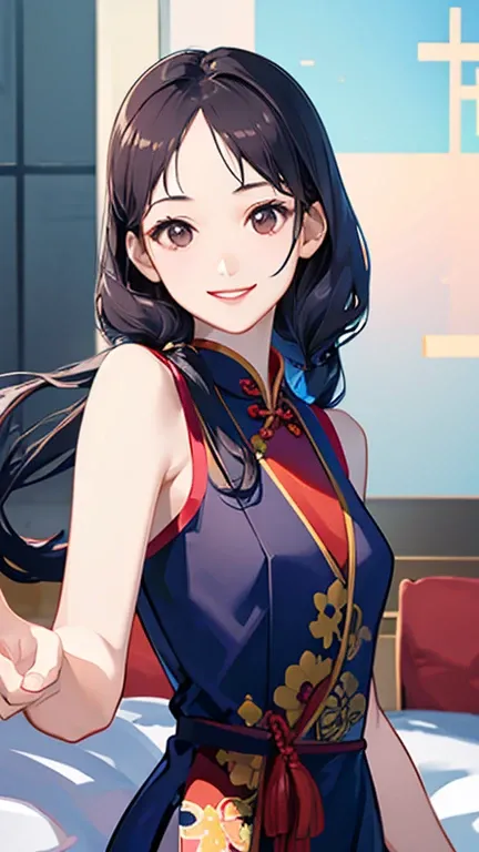 highest quality、realistic、Japanese、、cute、smile、Blue Long Cheongsam、black hair、long hair tied back、all back、brown eyes、smile、glossy red lips、Forehead exposed、Bedroom、slender、smallbrests.