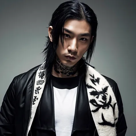 1 man, Japanese man, male, Asian eyes, muscular, broad shoulders, yakuza tattoos, hairstyle Visual Kei style, hair Visual Kei, black mens shirt and black pants, ultra detailed face, hyperrealistic, realistic representation, long hair, long hair, 30 years o...