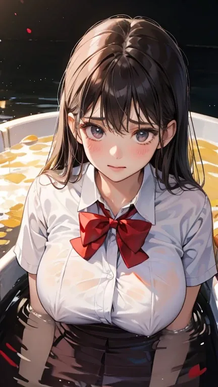 school girl Soak in water , red knot , red bow , white Shirt , pleated skirt , big tits , Big breasts