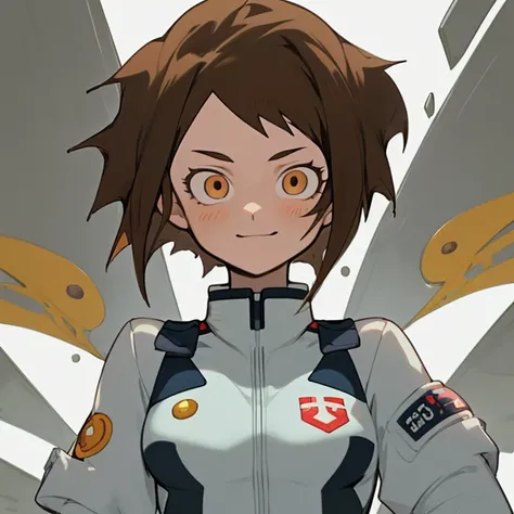 A 17-year-old My Hero Academia style girl with short brown hair, ojos marrones, piel blanca, tiene uniforme de la UA,tiene un don de agua,looks ahead with a kind expression and a kind smile,he&#39;s in the hero academy 