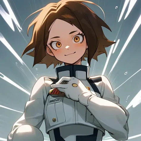 A 17-year-old My Hero Academia style girl with short brown hair, ojos marrones, piel blanca, tiene uniforme de la UA,tiene un don de agua,looks ahead with a kind expression and a kind smile,he&#39;s in the hero academy 