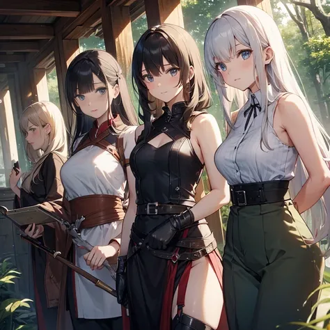 A group of  female knights, (in forest), various hair styles, metal armor, harem, trousers, seducing, beautiful face, close, sleeveless 