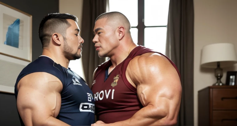 kissing, inside bed room, facing each other, (rugby uniform:1.2), Japanese man, Chinese man, Korean man, Taiwanese man, manly face, round face, monolid eyes, (buzz cut:1.4), very large and strong body, bulging muscles, very large pectoral muscles, muscular...