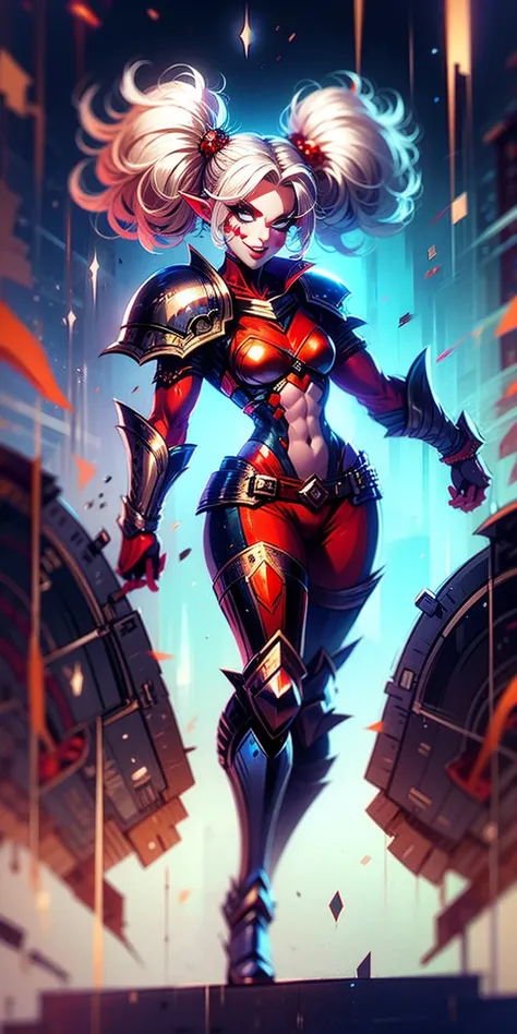 full body, def_effie, RED breastplate, RED skin, looking at viewer, shiny,armor, thighhighs, high boots,shoulder armor, faulds, poleyn, gloves, gauntlets, Rerebrace armored boots, pauldrons,(masterpiece, best quality, ultra-detailed, best shadow) yordle (1...