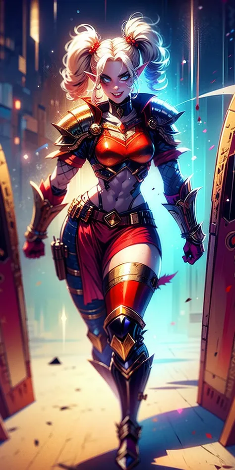 full body, def_effie, RED breastplate, RED skin, looking at viewer, shiny,armor, thighhighs, high boots,shoulder armor, faulds, poleyn, gloves, gauntlets, Rerebrace armored boots, pauldrons,(masterpiece, best quality, ultra-detailed, best shadow) yordle (1...