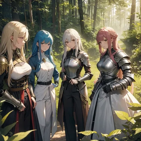 A group of  female knights, (in forest), various hair styles, metal armor, harem, trousers, seducing, beautiful face, close