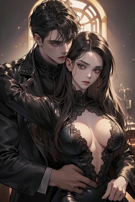 (Fantastic realism, a masterpiece: 1.4), (A transformed Lobisomem: 1.2), he is grabbing an adult vampire woman, (A highly sensual artistic work: 1.4), she wears leather clothes, (Extremely detailed, best quality: 1.4),
Her long, very dark, and hidden hair,...