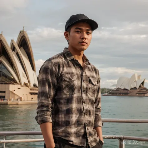 masterpiece, best quality, Indonesian man aged 25 year old, Wearing a flannel shirt and side snapback, ethereal makeup, (full body ), peaceful tone, (looking at viewer:1.3), standing by the Sydney Opera House --人像