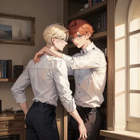 2 young man, hugging each other, the first boy handsome, blonde hair, blue eyes wearing rimless clear eyeglasses and white shirt. The othe one standing to the wall, Handsome young man, white skin, reddish curly hair to the shoulder, big deep jaded eyes, we...