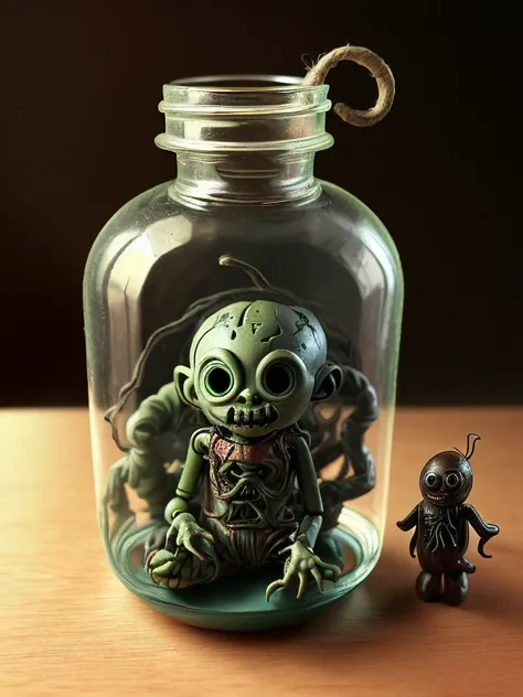 a mysterious humanoid trapped in a bottle on a desk、horror、creepy、very small creature、clay figure、straw doll