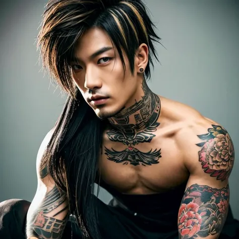 1 man, Japanese man, male, Asian eyes, muscular, broad shoulders, yakuza tattoos, hairstyle Visual Kei style, hair Visual Kei, black mens shirt and black pants, ultra detailed face, hyperrealistic, realistic representation, long hair, long hair, 30 years o...