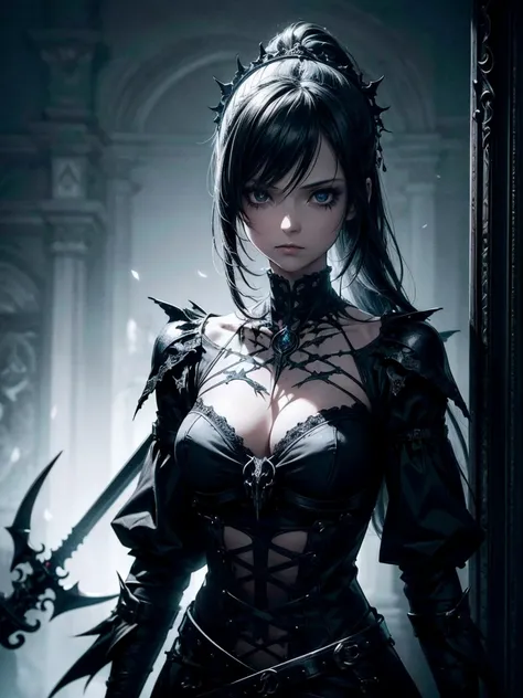 (a girl with) Aura-like gothic lighting, realistic Gothic-style artwork, detailed skeleton impaling itself with a sword in the neck, dark atmospheric background, high-res masterpiece:1.2, ultra-fine painting, professional, vivid colors