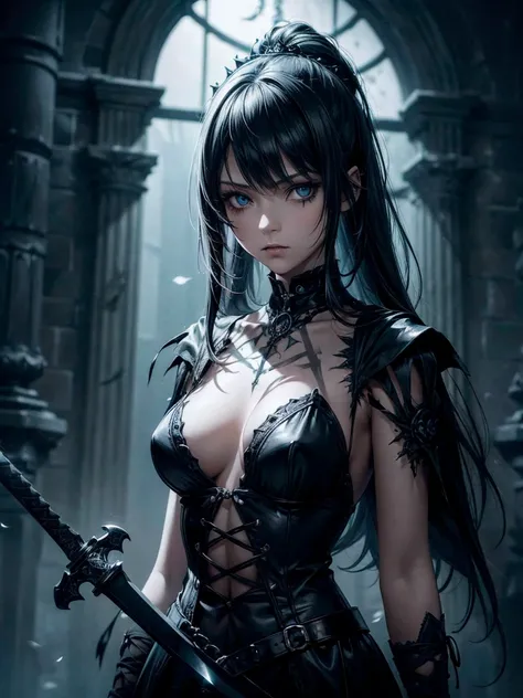 (a girl with) Aura-like gothic lighting, realistic Gothic-style artwork, detailed skeleton impaling itself with a sword in the neck, dark atmospheric background, high-res masterpiece:1.2, ultra-fine painting, professional, vivid colors